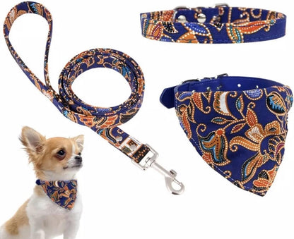 Wandelset met halsband, bandana en hondenriem blauw