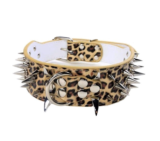 Halsband met spikes luipaard print geel