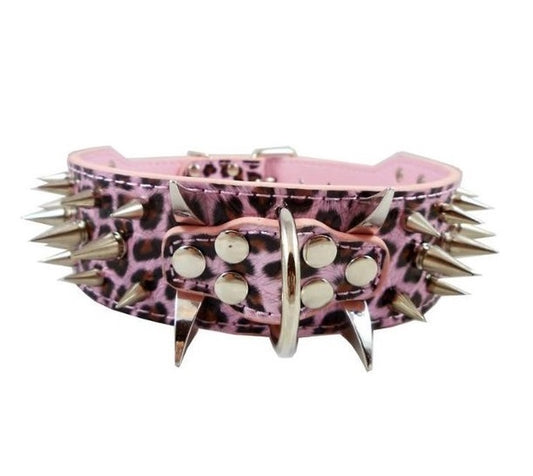 Halsband met spikes luipaard print roze